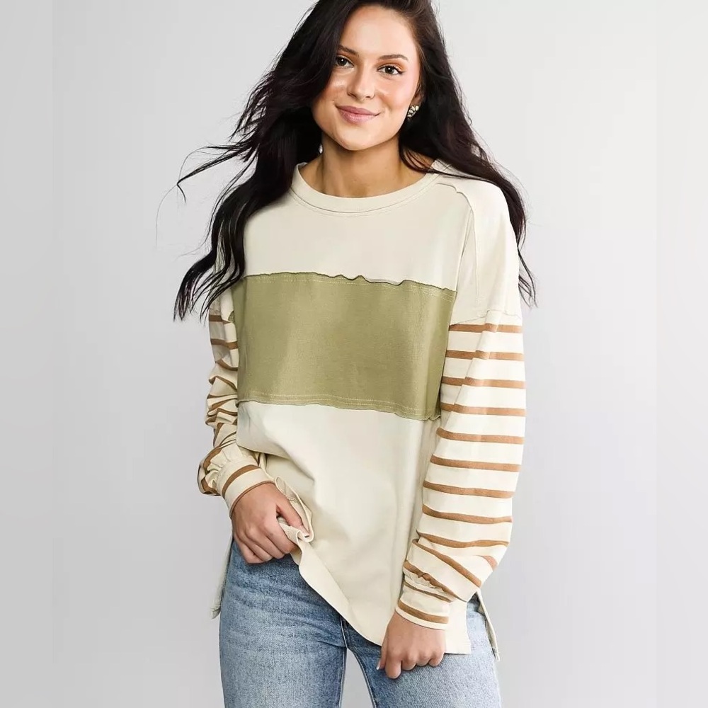 BKE Raw Edge Color Block Pullover